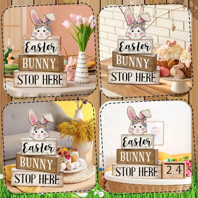 Moucuny 4 Pcs Easter Bunny Table Decoration Stacked Wooden Bunny Block Decor 3-tier Tabletop Sign with 3D Rabbit, Rustic Farmhouse Easter Decorations for Home Egg Hunt Party Centerpiece Gift - Image 6