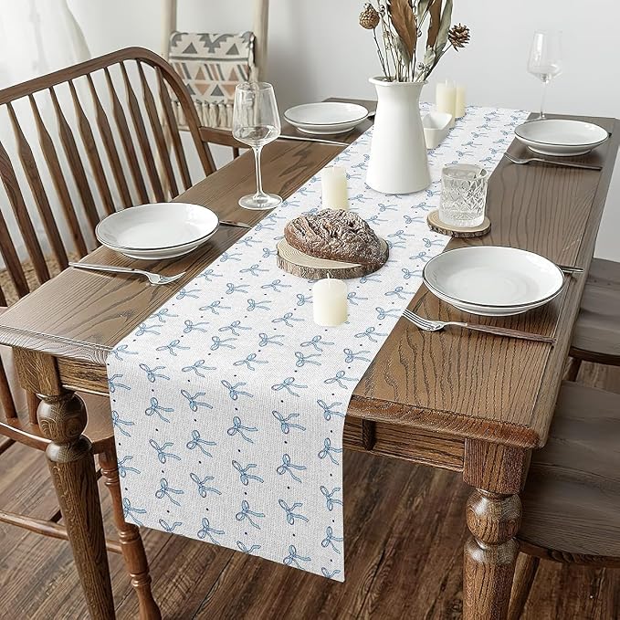 jejeloiu Blue Bowknot Table Runner Bow Tie Kitchen Dining Table Decoration Cute Dots Print Dresser Scarfs Dresser Runners Aesthetic Coquette Table Decoration for Kitchen Dinning 13" x 91" - Image 2