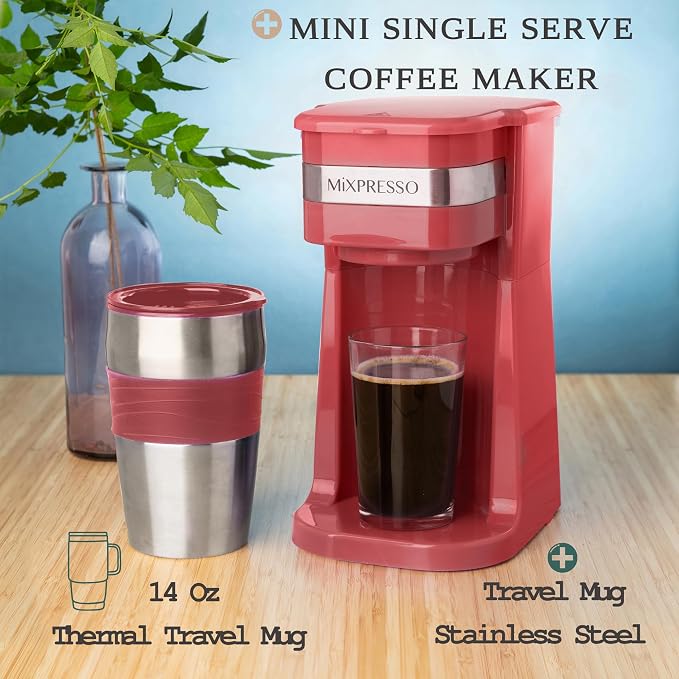Mixpresso Single Serve & Single Cup Coffee Maker with 14oz Travel Mug Red | For ground coffee only, reusable filter, auto shut off. Compact personal drip coffee maker, not compatible with K-Cup pods. - Image 5