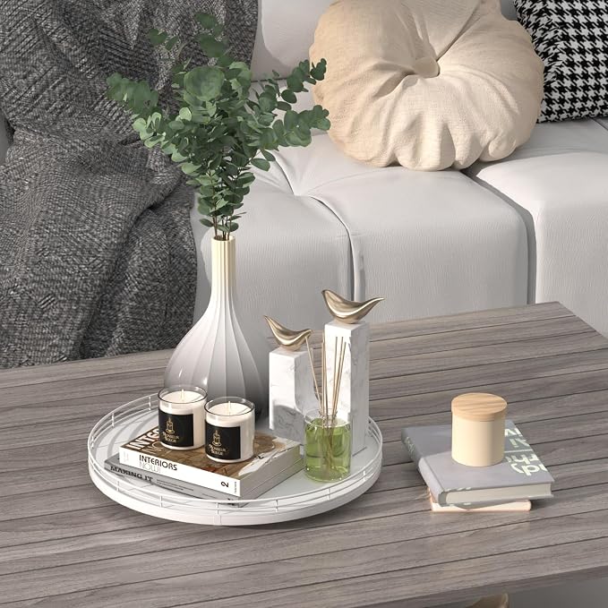 13-Inch Oak Decorative Tray for Coffee Table and Vanity, White Finish | Rotating oak tray organizes spices, toiletries and decor on kitchen counters, bathroom vanities, dining and coffee tables. - Image 2