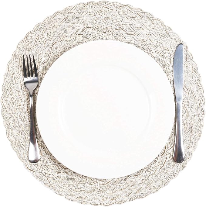 SHACOS Round Braided Placemats 15 inch Set of 6 Boho Thick Washable Kitchen Table Placemats for Home Wedding Party (T-Ivory, 6) - Image 3