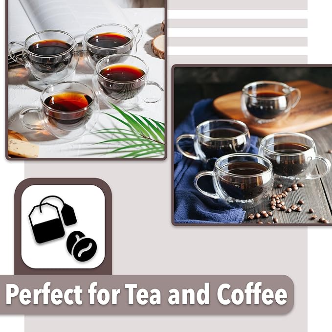 BTaT Insulated Espresso Cups, Glass Tea & Coffee Mugs, Set of 4 (6 oz, 180 ml), Double Wall, Latte & Espresso Glasses