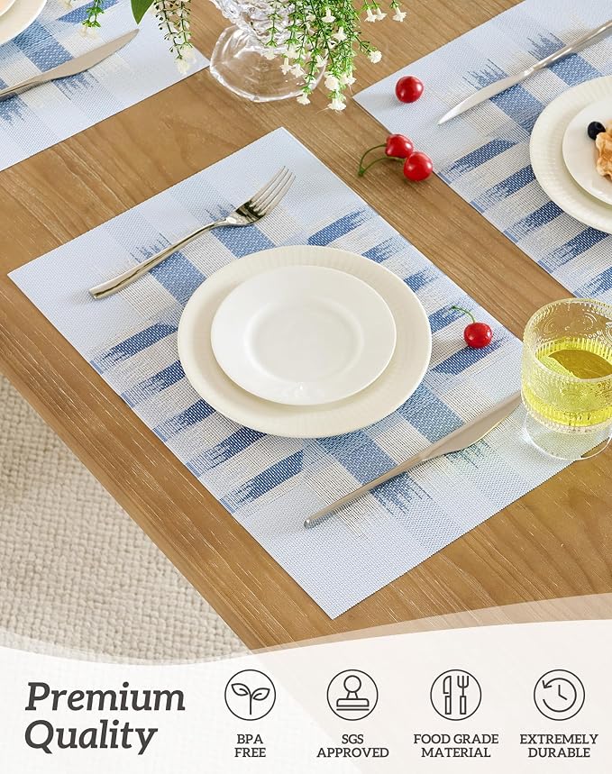 Leetaltree Geometric Print Blue Placemats Set of 8 - Heat Resistant Non-Slip Place mats for Dining Table, Washable Durable PVC Vinyl Woven Table Mats (Geometric Blue, 8) - Image 3