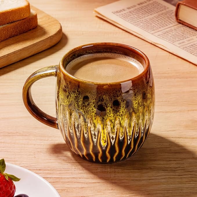 20oz Large Ceramic Coffee Mugs Unique Big Pottery Coffee Mug Microwave Safe Cool Stoneware Cup for Tea Latte Oversized Mug With Handle for Home Yellow Wide Clay Mugs for Men Fancy Handmade Ceramic Cup - Image 9