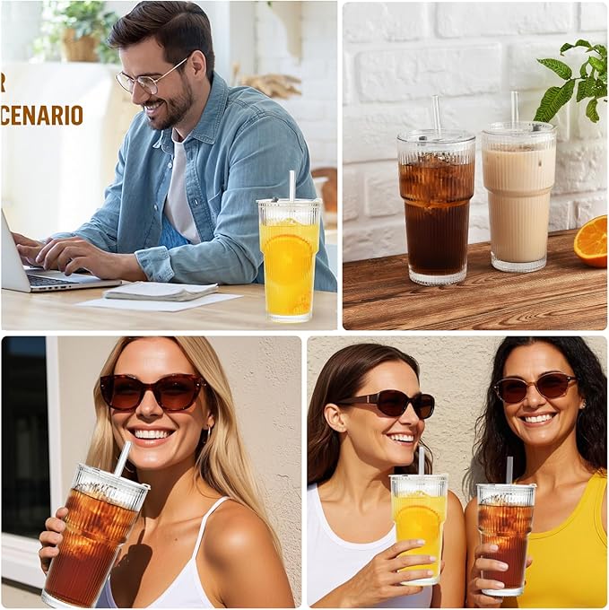 Haundry 20 oz Ribbed Glass Tumbler with Lids and Straws, 2 Pack Iced Coffee Cups, Thickened Glassware Set, Ripple Design Glass Cups for Coffee, Soda, Smoothies, Cocktails and Juice