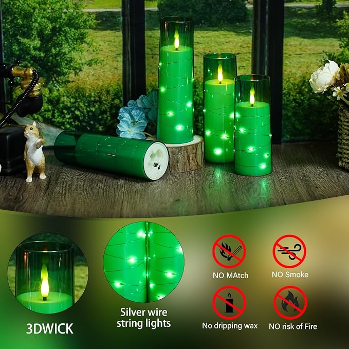 Flameless Candles,with Embedded Star String, Battery Operated Candles Flickering LED Pillar Candles with Remote Control and Timer, Home Decoration Add a Warm and Romantic Atmosphere，Set of 7 (Green) - Image 4