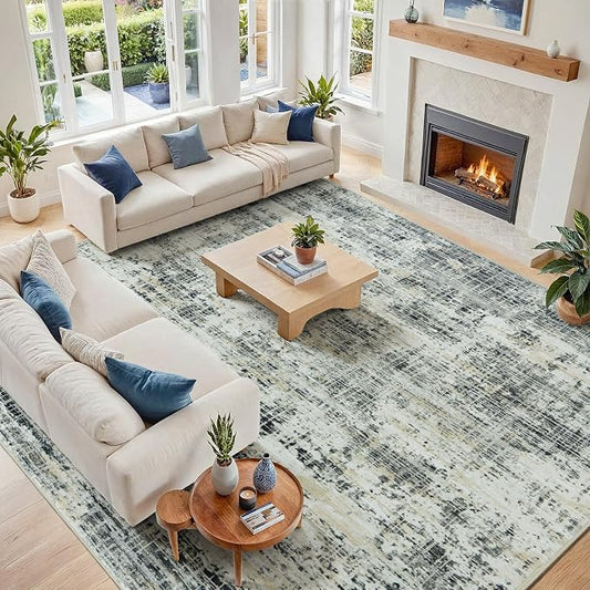 10x12 Washable Area Rug for Living Room Bedroom: Non-Slip Modern Black Gray | Machine Washable TPR Backing, Stain-Resistant Low Pile, Pet & Kid Friendly, Abstract Decor for Dining Room, Dorm, Home Office by Oriannal