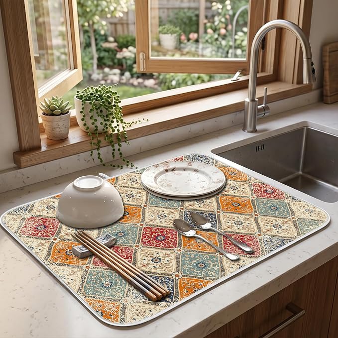 Bohemian Vintage Dish Drying Mat for Kitchen Counter Coffee Bar 18x24 in | Decorative Non Slip Absorbent Kitchen Dishes Drainer Mat, with Anti-slip Rubber Backing & Hanging Loop, for Sink, Home Gift - Image 8