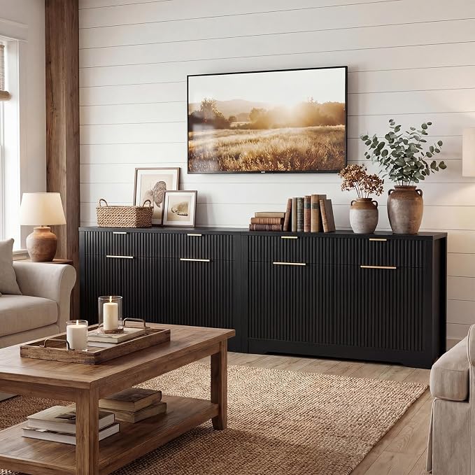 Cyclysio 55" Fluted Buffet Cabinet with Drawers, Modern Sideboard Credenza with Adjustable Shelves, Coffee Bar Table with Storage for Dining Room, Entryway, Kitchen, Black - Image 8