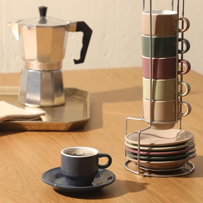 Gibson Home Brew Harmony 13 Piece Espresso Cup Set with Metal Rack, Stoneware Espresso Cups & Saucers, Solid Color Stackable Coffee Set, Café Style, Dishwasher & Microwave Safe - Image 2
