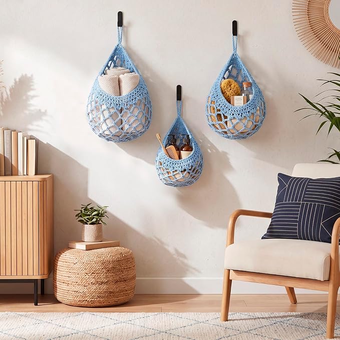 Honeydak Boho Decor Hanging Wall Baskets for Kitchen 3 Pack Teardrop Baskets with Hooks Storage Fruit Onion Vegetable Potato for Home(Light Blue,Crochet,Cotton Rope) - Image 5