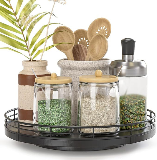 Oroyutor 9-Inch Oak Lazy Susan Spice Organizer, Black Finish | Rotating oak tray organizes spices, toiletries and decor on kitchen counters, bathroom vanities, dining and coffee tables. by Oroyutor