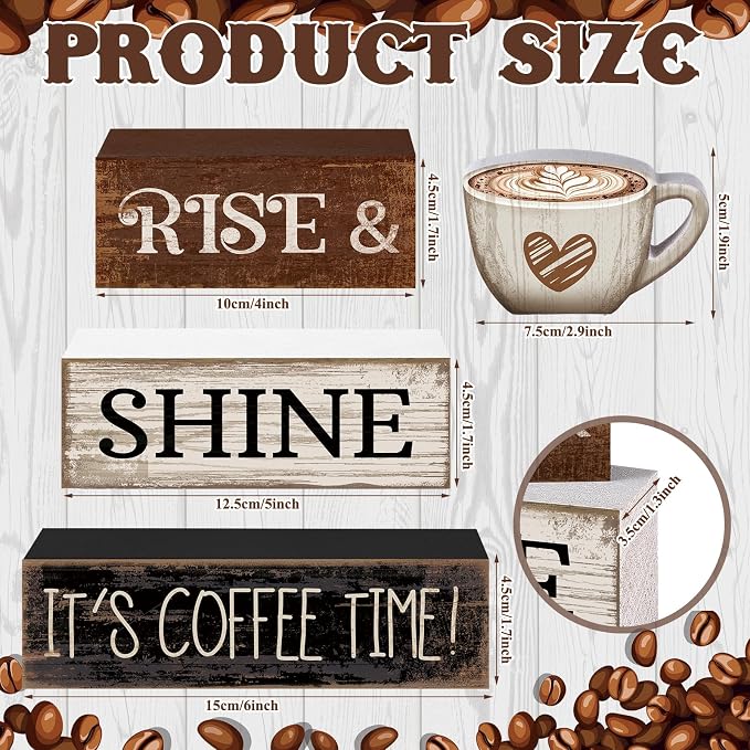 Moucuny 4 Pcs Farmhouse Coffee Bar Sign Decor Wooden Cup Rise & Shine It's Coffee Time Rustic Wood Cafe Sign Gift for Home Kitchen Tabletop Decor - Image 3