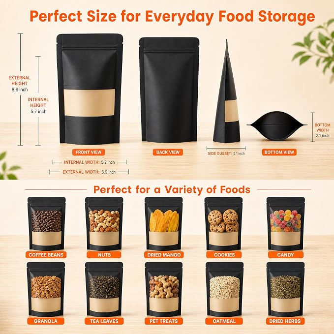 100 Pcs Black Kraft Paper Bags with Window, 5.9" x 8.6" Stand Up Pouches Bags, Food Storage Bags for Packaging Products, Reusable, Sealable - Image 3