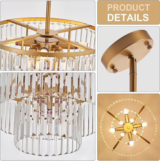 17.7" Gold Semi Flush Mount 2-Tier Crystal Ceiling Light Fixtures for Dining Room Modern Industrial 8-Light Chandeliers Lighting for Bedroom Entryway Hallway Kitchen Island Living Room Foyer - Image 3