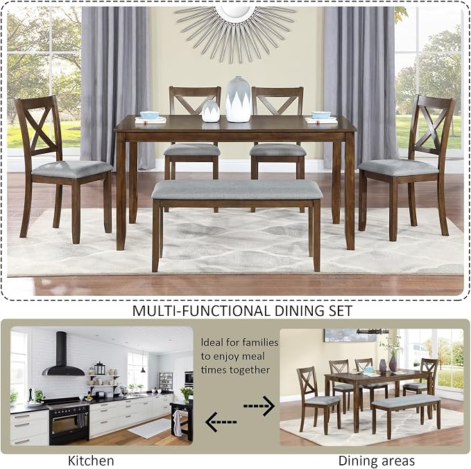 6-Piece Dining Table Set with Bench and Chairs - Solid Wood Kitchen Dining Room Table Set in Farmhouse Rustic Style, Table Set for 6 with 4 Chairs and Bench Seat.(Walnut_Large) - Image 3