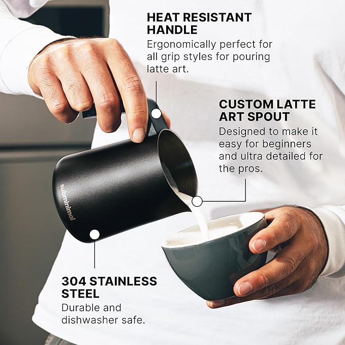 Subminimal FlowTip Milk Jug - Stovetop Milk Frothing, Foaming Pitcher for Barista-Style Coffee - Cappuccino & Latte Art Pouring Jug with Heat Resistant Handle - Coffee Lover Gifts - 450ml, Black