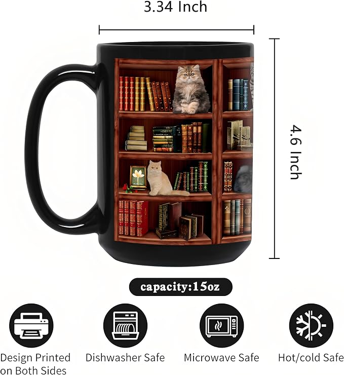 Cat Book Coffee Mug, Library Bookshelf Large Tea Cup, Black, 15oz | Ceramic, Comfortable Handle, Novelty Bookish Gifts for Book Lovers, Cat Lovers, Women, Men, Readers, Writers, Bookworms - Image 3