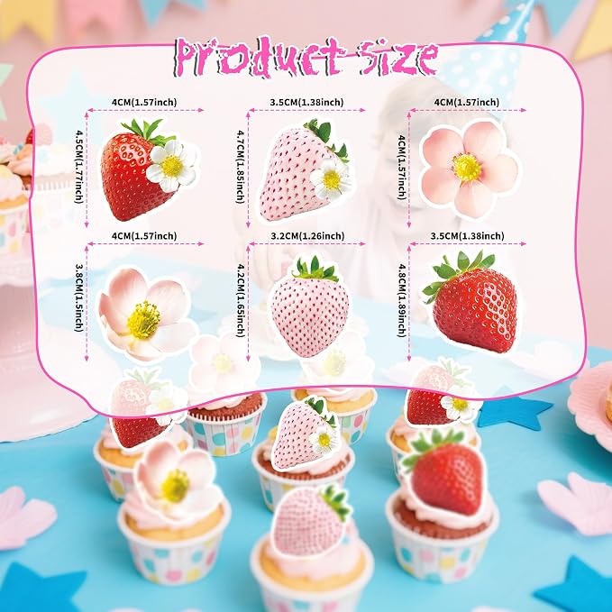 72Pcs Edible Strawberry Cupcake Toppers Wafer Paper Strawberry Flower Bridal Engagement Baby Shower Kids First Birthday Party Cake Decorations Supplies - Image 6