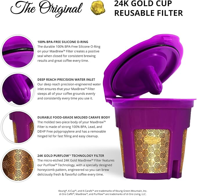 DI ORO MaxBrew Keurig Reusable K Cup Coffee Filter – For Keurig 1.0 and 2.0 Coffee Brewers - 24K Gold Small Refillable Coffee Filter - Fits K200, K300/K350/K360, K450/K460, K500/K550/K560 (Purple)