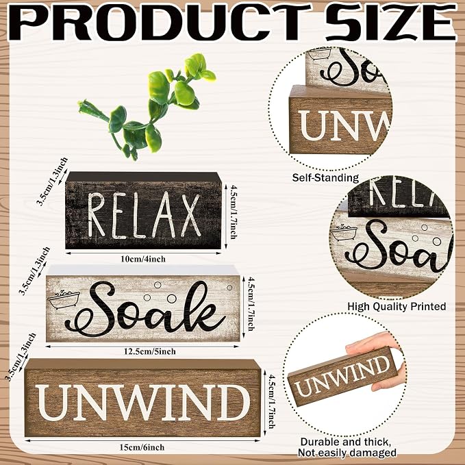 Moucuny 4 Pcs Bathroom Shelf Decor Sign Farmhouse Bathroom Decor and Accessories Rustic Eucalyptus Leaves Wood Block Sign Gift Relax Soak Unwind Farmhouse Table Centerpiece for Home Toilet - Image 3