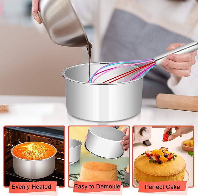 E-far Cake Pans Set of 3, 6 x 3 Inch Stainless Steel Round Cake Baking Pans Tins for Wedding Birthday, Deep Side & Non-toxic, Oven & Dishwasher Safe, Mirror Finish & Straight Side - Image 5