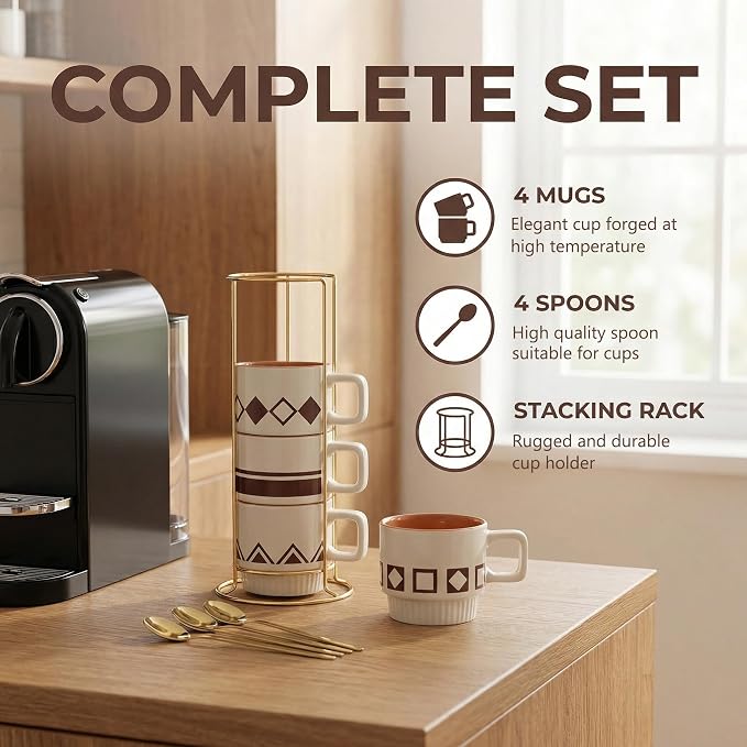 Stackable Coffee Mug Sets of 4 with Rack Tea Cup Set with Spoon 11oz for Coffee, Tea, Cocoa, Cappuccino, Hot Chocolate Ceramic Espresso Cups with Coffee Cup Holder, theme of Geometric - Image 2