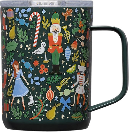 Corkcicle x Rifle Paper Co. Triple Insulated Coffee Mug with Lid & Handle - Keeps Beverages Hot for 3+ Hours - Gift for Mom - Great for Mother's Day or Christmas - 16 oz - Nutcracker Green by Corkcicle