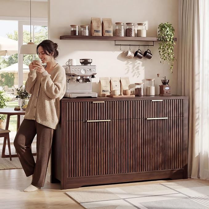 Cyclysio 55" Fluted Buffet Cabinet with Storage, Modern Sideboard Credenza with Adjustable Shelves & Drawers, Coffee Bar Table for Dining Room, Entryway, Kitchen, Black Walnut - Image 4
