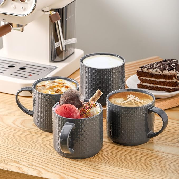 Hasense Coffee Mugs Set of 4 with Stand, 15 oz Porcelain Stackable Coffee Cups Set with handle for Tea, Latte, Milk and Cappuccino, Grey Embossed Tea Cups Set with Geometric Patterns for Men and Women - Image 5