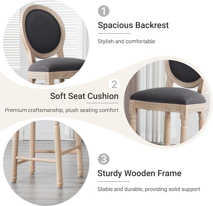 French Country Barstool, Linen Farmhouse Counter Height Chair | Set of 6, with Cushion Round Back and Solid Wood Legs, Oval Chairs for Restaurant, Bar, Kitchen, Café, Dark Grey - Image 5