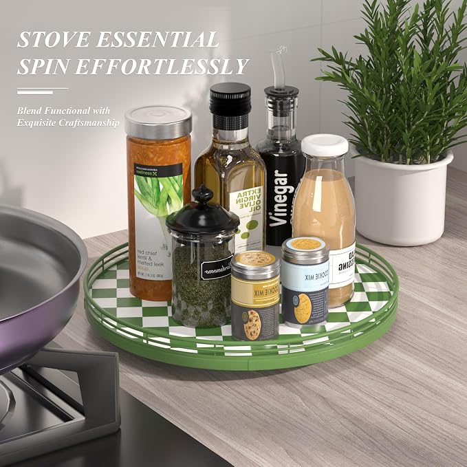 AMH 13-Inch Green and White Checkerboard Lazy Susan with Rubberwood Base | Smooth rotating oak tray with walnut finish for dining tables, kitchen counters, pantries and cabinet storage. - Image 2