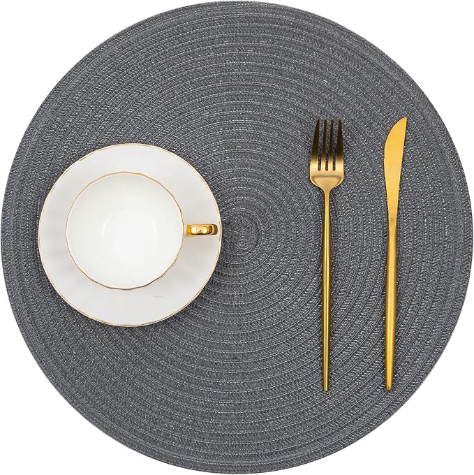 SHACOS Round Placemats Set of 6 Washable 15 inch Round Table Mats Cotton Polyester Woven Braided Place Mats for Dining Table (Charcoal Gray, 6) - Image 2