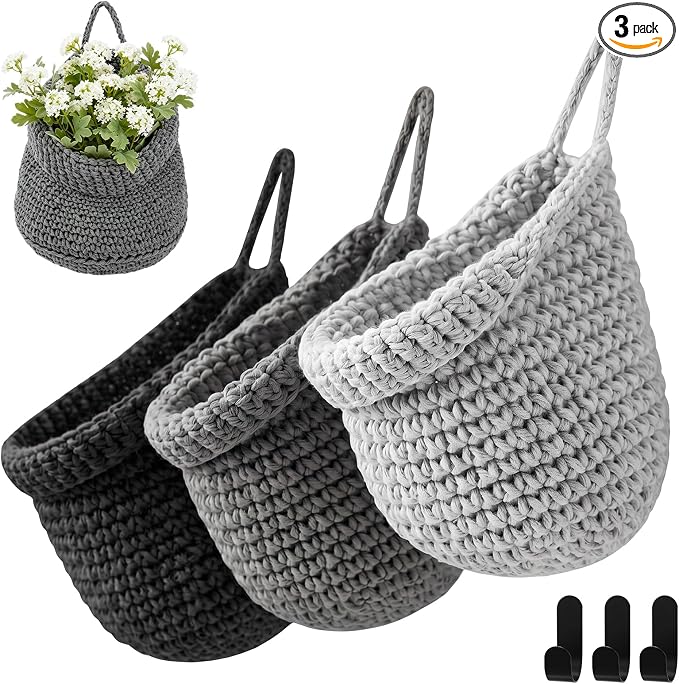 Honeydak Boho Decor Hanging Wall Baskets for Kitchen 3 Pack Teardrop Baskets with Hooks Storage Fruit Onion Vegetable Potato for Home(Light Grey, White, Dark Grey,Barrel,Cotton Rope) by Honeydak