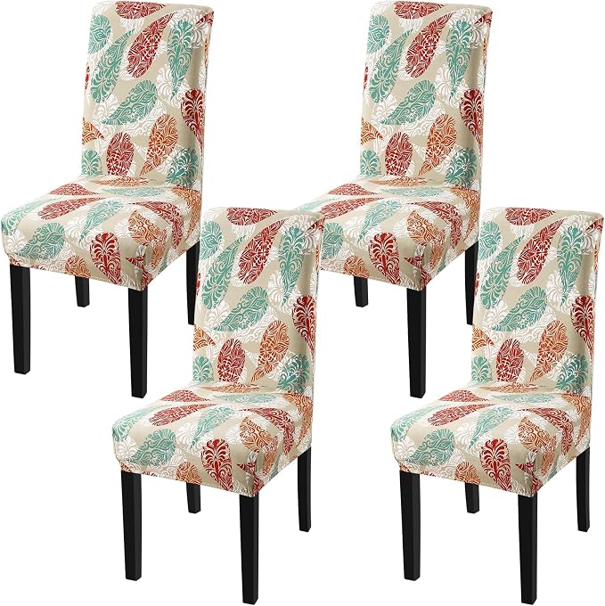 Fuloon Chair Covers for Dining Room 4 Pack, Printed Stretch Dining Slipcovers, Washable Kitchen Slip Covers for Parson Chair, Color Leaves Printed, Set of 4 by Fuloon