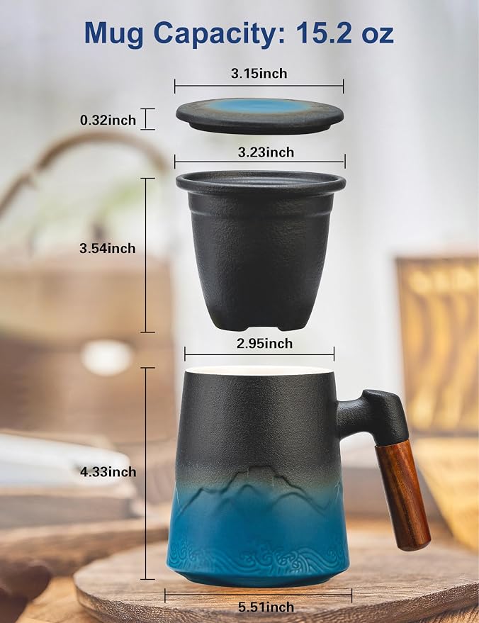 suyika Tea Cup with Infuser and Lid, 15.2 Ounce Wood Handle Ceramic Loose Leaf Mug Gradient Black&Blue 450ml - Image 3