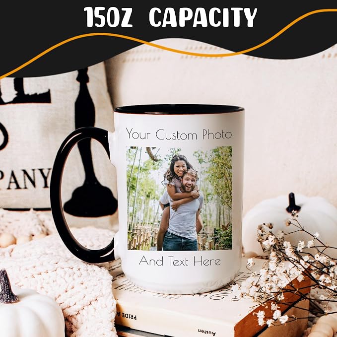 Personalized Coffee Mug 15 Oz, Custom Picture Text or Logo Ceramic Mug, Customized Gift for Men & Women, Taza Personalizada with Photo and Words, Customizable Large Tea Cup | White - Black - Image 2