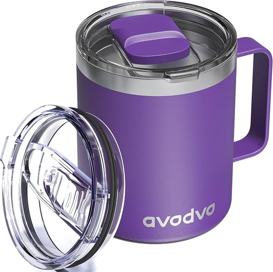 12oz Insulated Coffee Mug with Lid – Includes Two Lids, Stainless Steel Coffee Travel Mug with Handle, Double Wall Vacuum Insulated Camping Mug for Home, Office & Outdoor, Dark Purple by avodvo