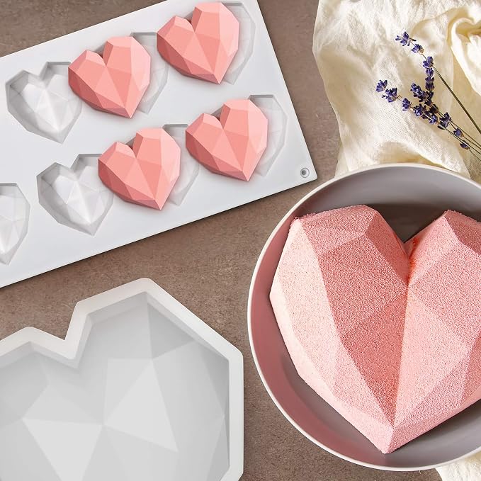2 Pieces Valentine‘s Day Diamond Heart Mousse Cake Mold and 8 Cup Diamond Chocolate Silicone Dessert Mould Heart Geometric Baking Mold Non-stick Mould for Mousse, Chocolate, Browni (White) - Image 4