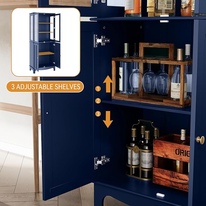 72" Tall Kitchen Pantry Cabinet with Glass Door and Adjustable Shelves, Vintage Food Storage Cabinet for Kitchen, Dining Room, Living Room, Dark Blue - Image 6