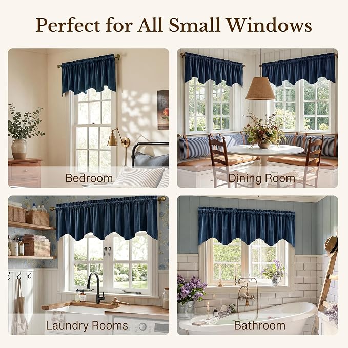 Velvet Window Valance 52x18 Inch 4-Panel Set | Soft Wavy Navy Blue Kitchen Curtains for Windows, Luxury Fabric Aesthetic Window Treatment for Bay Window, Living Room - Image 6