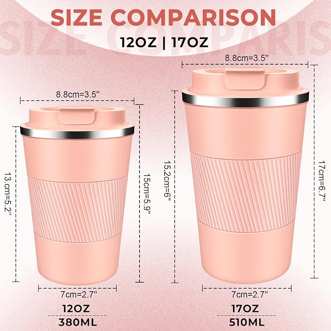 Insulated Coffee Tumbler 12 oz, Stainless Steel Coffee Mug with Lids, Travel Coffee Mug Leak Proof, Double Wall Vacuum Insulated Reusable Coffee Cup, Keep Drinks Hot and Cold (Peach Pink, 12 Ounces) - Image 2