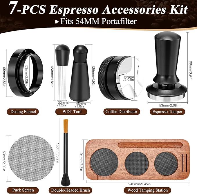 54mm Espresso Accessories Kit, 7 PCS Espresso Tamper Tools, WDT Tool Set with Coffee Tamper, Distributor, Dosing Funnel, Stirrer, Puck Screen, Brush & Wood Tamping Station - Fits 54mm Portafilter
