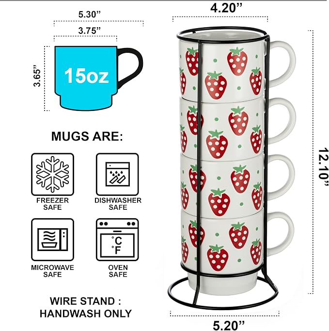 Signature Housewares Stackable Coffee Mug Tower Set with Metal Wire Rack - 15 Ounce Coffee Mugs for Coffee, Tea, Cocoa, Milk, Cappuccino, Hot Chocolate Set of 4 - Strawberry Pattern - Image 2
