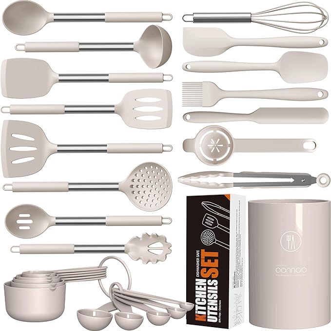oannao Large Silicone Cooking Utensils Set - Heat Resistant Kitchen Utensils,Turner Tongs,Spatula,Spoon,Brush,Whisk,Stainless Steel Cooking Tool for Nonstick Cookware,Dishwasher Safe (Khaki) by oannao