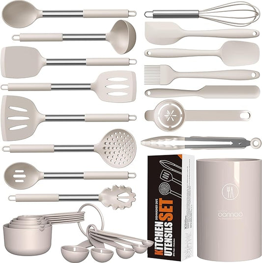 oannao Large Silicone Cooking Utensils Set - Heat Resistant Kitchen Utensils,Turner Tongs,Spatula,Spoon,Brush,Whisk,Stainless Steel Cooking Tool for Nonstick Cookware,Dishwasher Safe (Khaki) by oannao