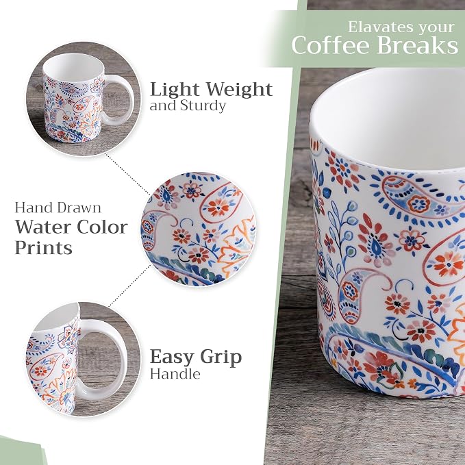 Maison d' Hermine Coffee Mug with Handles Tea Cups (12 Ounce, Pack of 1) | Fine Bone China Coffee Mugs for Hot Beverages Cappuccino Latte Home Restaurant Hotel Spring Summer -Indian Floral - Paisley - Image 5
