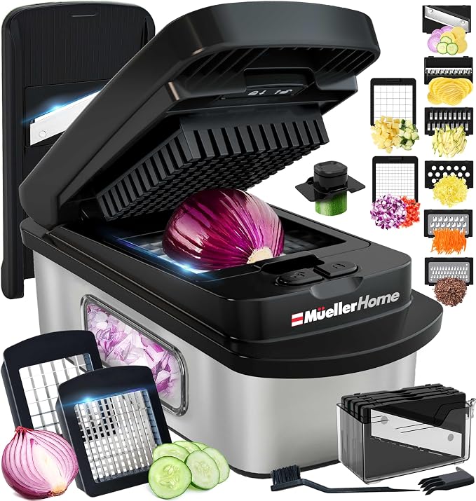 MUELLER HOME Pro-Series 10-in-1 Stainless Steel Multi Vegetable Chopper | 8 Blade Mandoline Slicer, Kitchen Tools and Gadgets, Food and Veggie Chopper, Mincer, Dicer, French Fry Cutter, Black by Mueller