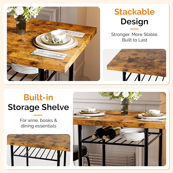 VINGLI Dining Table Set for 2, Small Kitchen Table Set with Upholstered Chairs, 3-Piece Dining Set with Storage Rack, Wood Dining Room Set with Metal Legs for Small Spaces, Living Room, Rustic Brown - Image 5