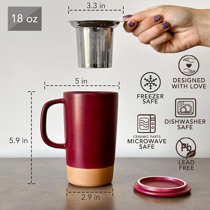 Mora Ceramics Large Tea Mug with Loose Leaf Infuser and Ceramic Lid, 18 oz, Portable, Microwave and Dishwasher Safe, Tall Coffee Cup - Rustic Matte Ceramic Glaze, Modern Herbal Tea Strainer, Merlot - Image 3